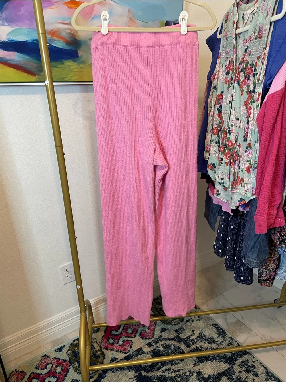 crown & ivy Pink Ribbed Drawstring Wide-Leg Pants Small‎